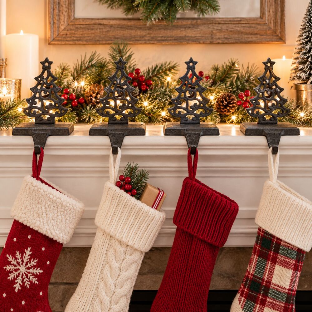 Christmas Tree Stocking Holders Set of 4 Rustic Metal Mantel Hooks Holiday Decor